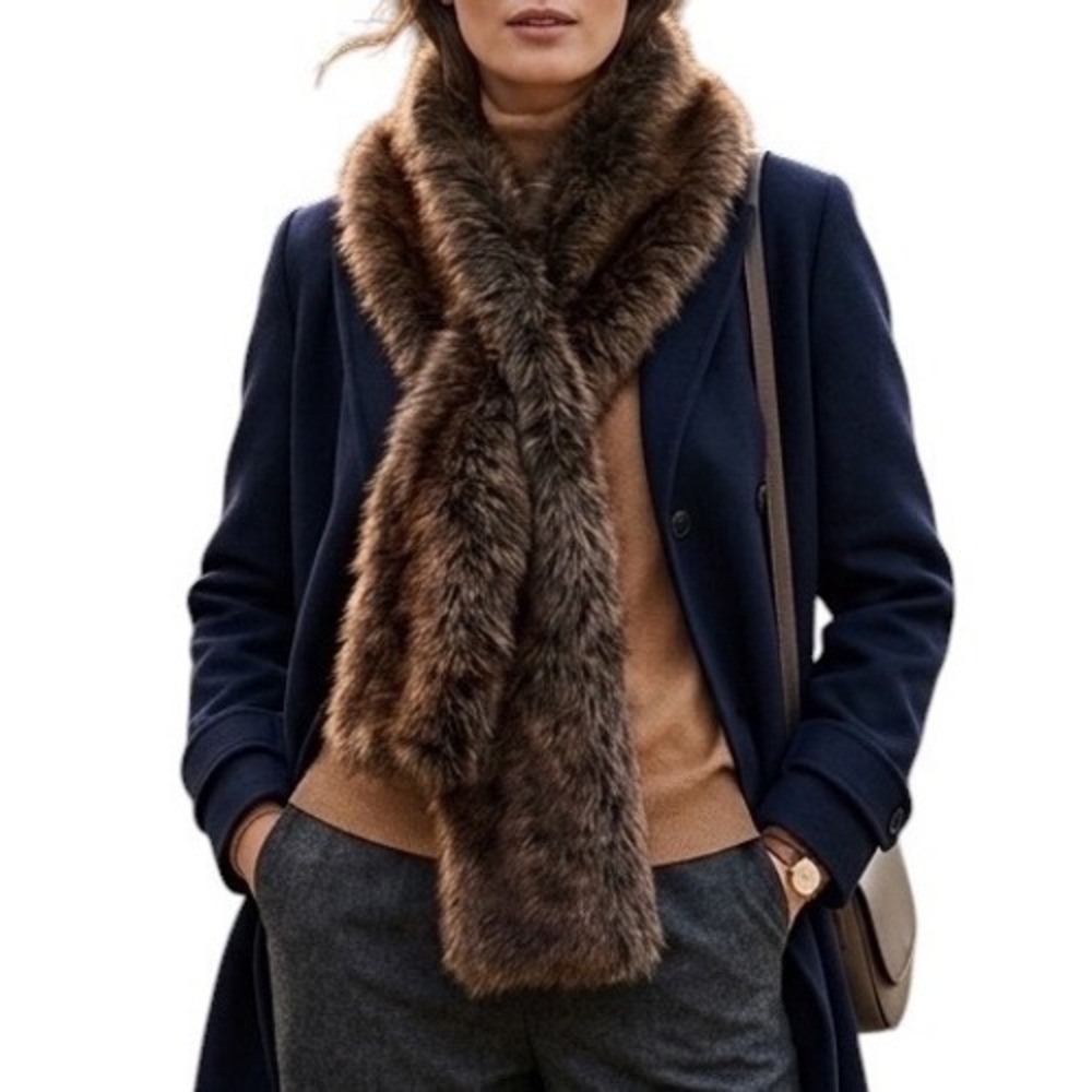 Restoration Hardware Brown Faux Fur Pull Through Scarf Luxe Winter Wrap Chic